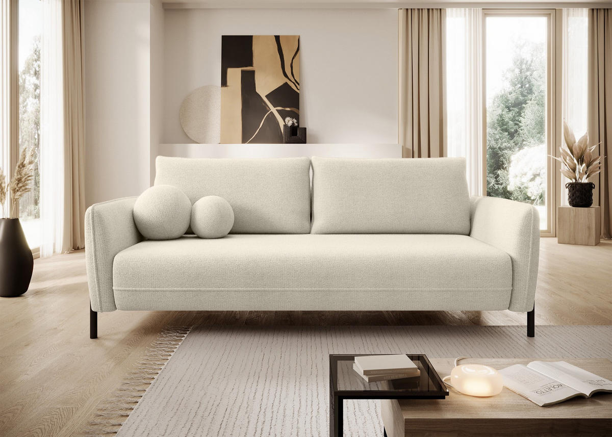 SOFA Veruco Cremeweiß mit Schlaffunktion - Creme/Schwarz, Textil/Metall (234/90/100cm) - Selsey