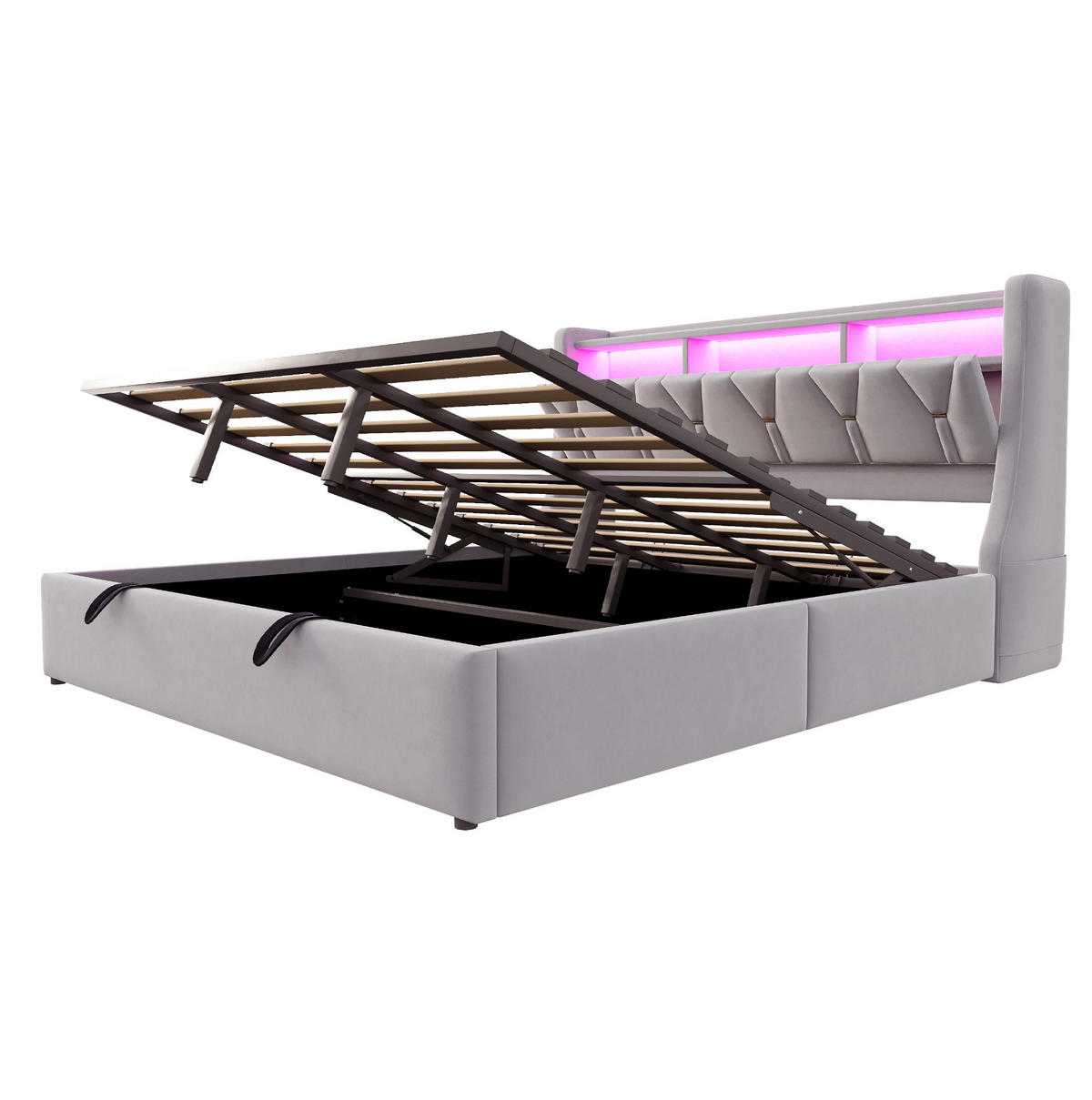 POLSTERBETT aus Samtstoff 180x200 cm Hellgrau mit LED-Beleuchtung, USB, Typ-C und hydraulischem Bettkasten - Hellgrau, Textil (180/200cm) - Modfu