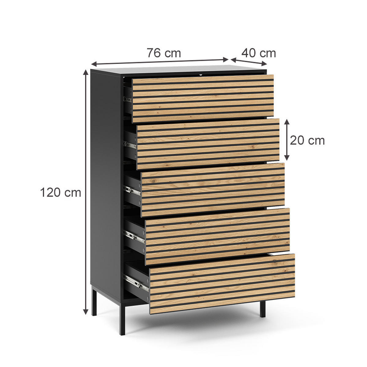 KOMMODE Eliza Schwarz/Eiche 76 x 120 cm mit 5 Schubladen - Honigeiche/Anthrazit, Holzwerkstoff (76/120/40cm) - Vicco