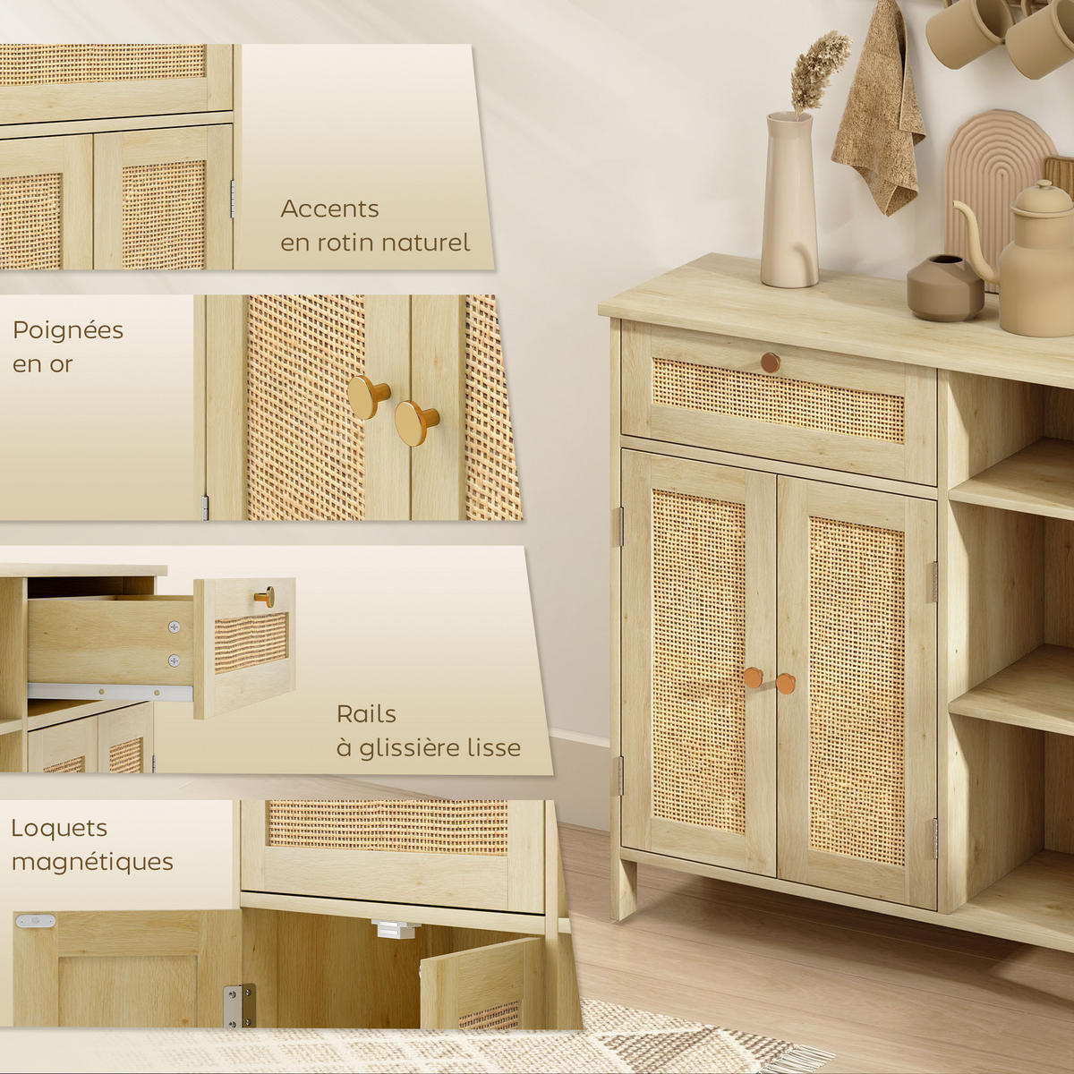 SIDEBOARD DE-11221 2 Rotintüren, Schublade Naturholz - Naturfarben, Holzwerkstoff (75/79.5/30cm) - ComfortXL