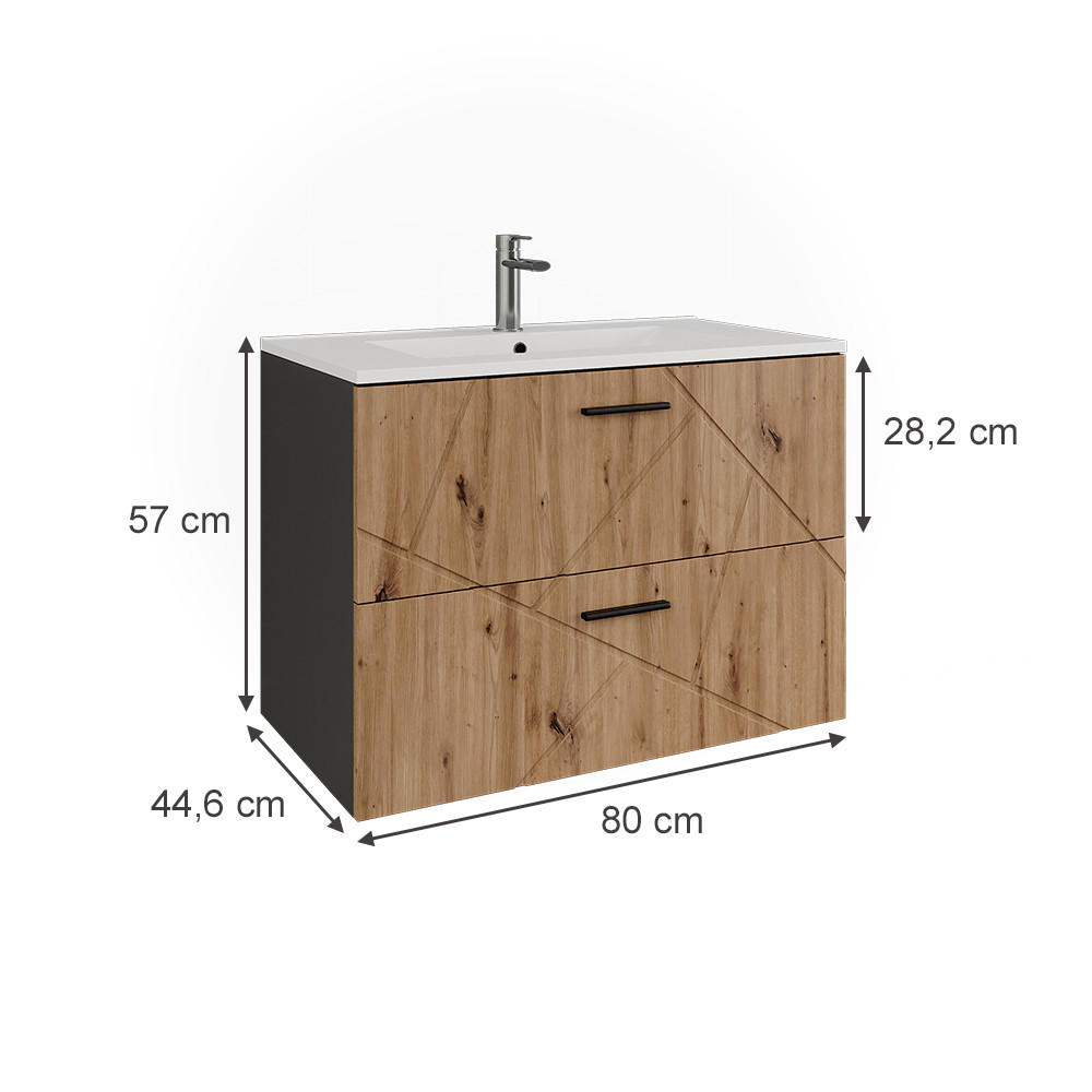 WASCHBECKENUNTERSCHRANK Irma Anthrazit/Artisan 80 x 57 cm mit 2 Schubladen - Anthrazit/Eiche Artisan, Holzwerkstoff (80/57/44.6cm) - Vicco