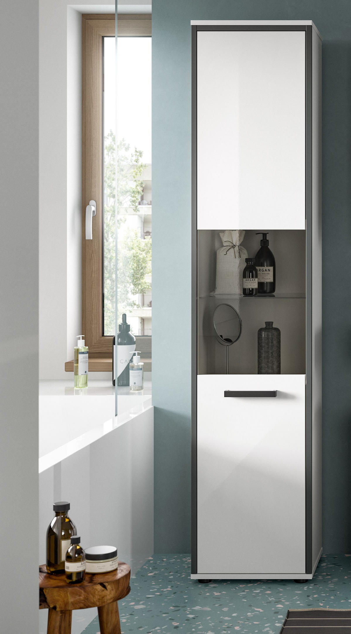 BADSCHRANK KOJAK (B/H/T: ca. 40/188/34 cm) in weiß/weiß hochglanz - Weiß, Holzwerkstoff (40/188/34cm)