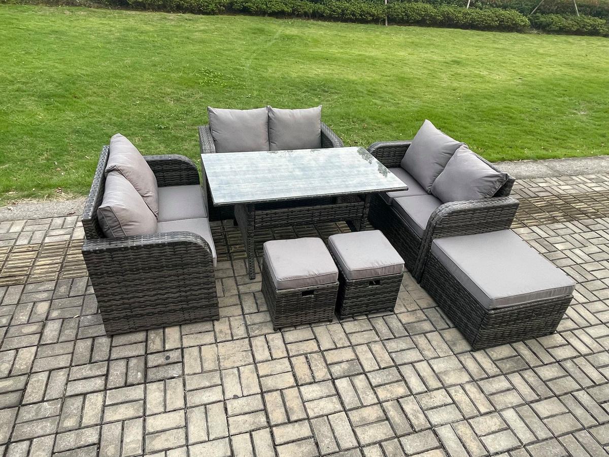 SITZGRUPPE mit Esstisch,Zweisitzer,3 Hockern Polyrattan 9-Sitzer - Dunkelgrau/Grau, Glas/Kunststoff - Fimous