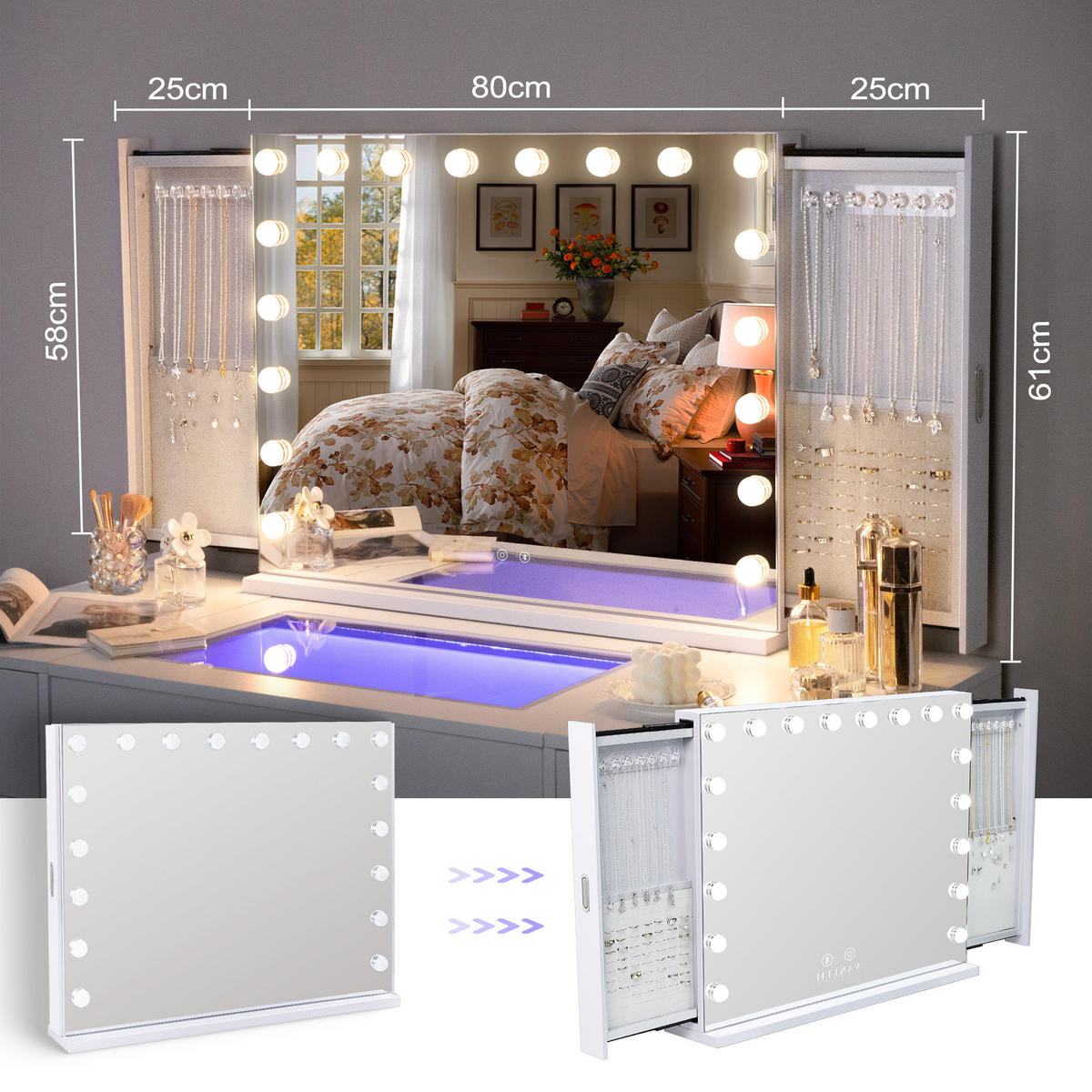 SCHMINKSPIEGEL mit LED-Beleuchtung integrierter Schmuckbox und Bluetooth weiß 80/60 cm - Weiß, Metall (80/60/10cm) - VANITII