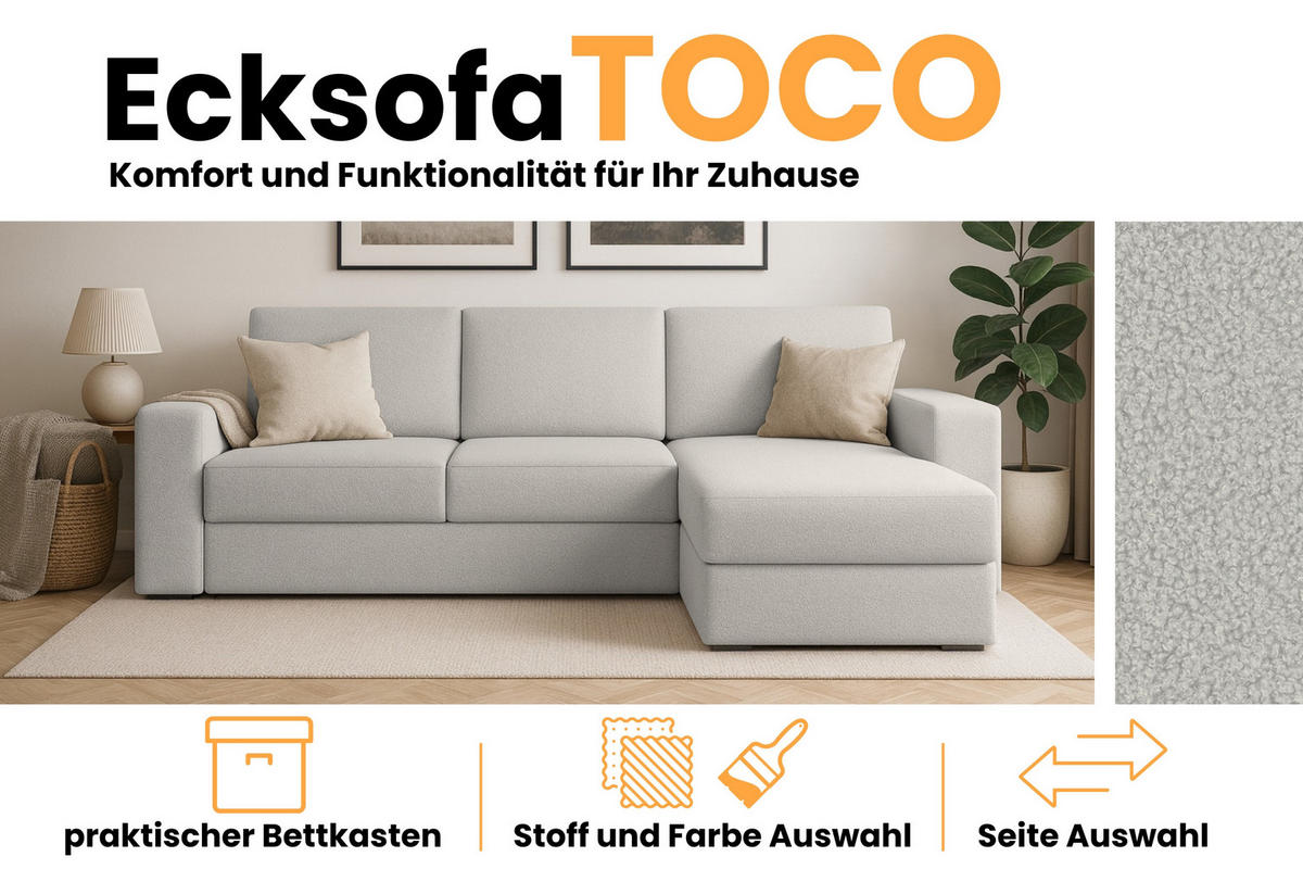 ECKSOFA TOCO L 240x145 cm in Boucle Hellgrau rechts - Anthrazit, Holz/Holzwerkstoff (240/145cm) - Deine Möbel 24