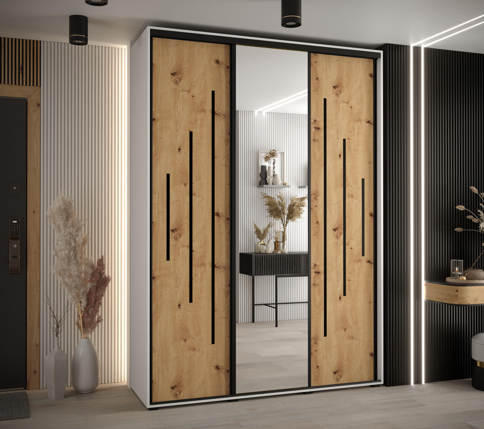 SCHWEBETÜRENSCHRANK 235,2/170/60 3-türig - Schwarz/Eiche Artisan, Holz/Metall (170/235/60cm) - Abiks Möbel