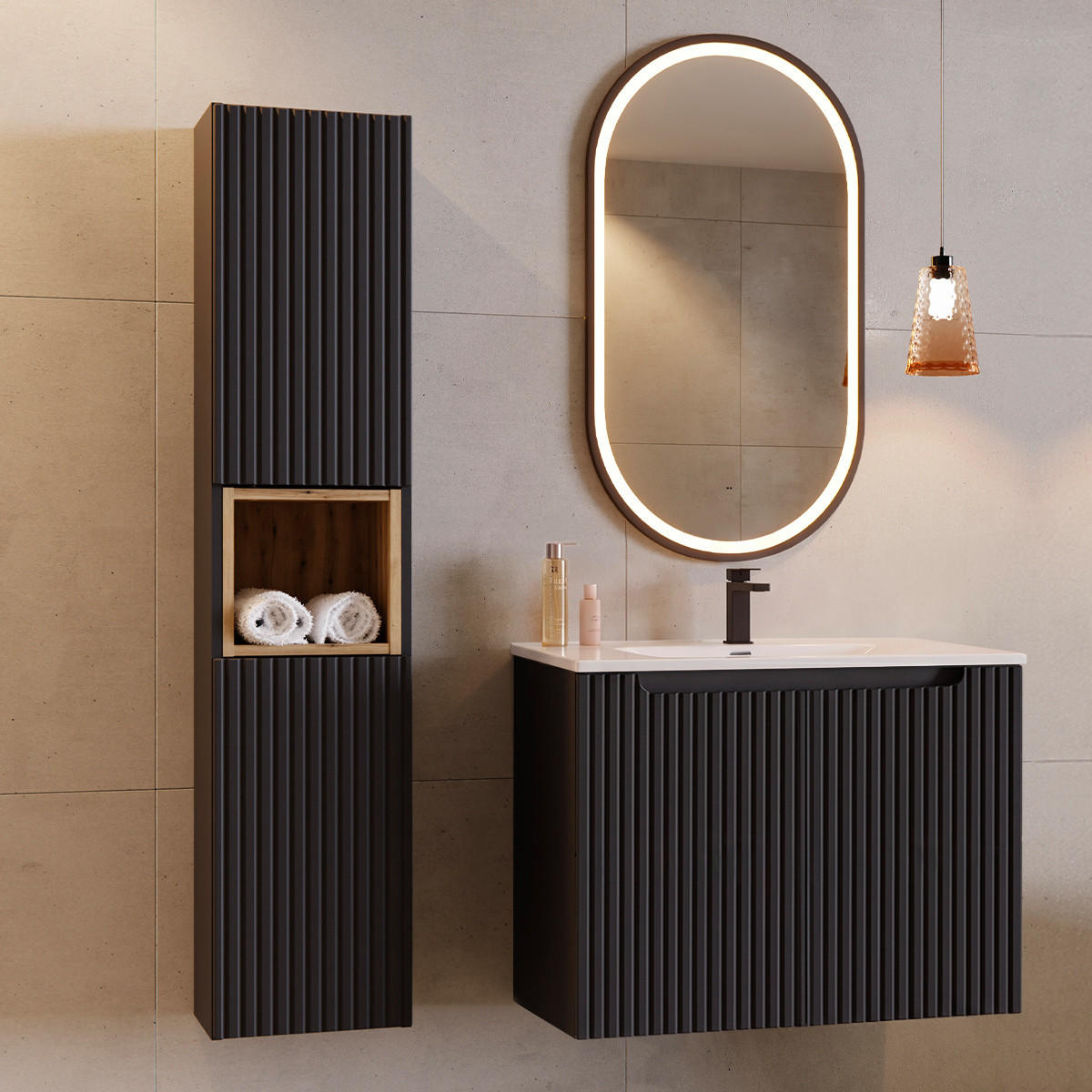 BADMÖBEL 80cm Riva 2er-Set Schwarz - Schwarz, Holzwerkstoff (80/57/40cm) - Petits-meubles