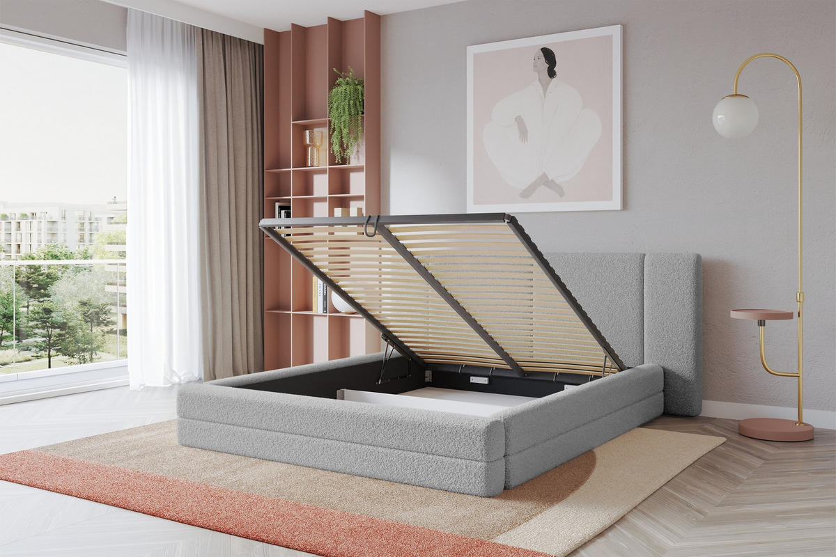 POLSTERBETT mit Bettkasten und Lattenrost, Bett mit Matratze H3/H4 - TEVO 160x200 Hellgrau - Taupe, Holzwerkstoff/Textil (160/200cm) - ALTDECOR
