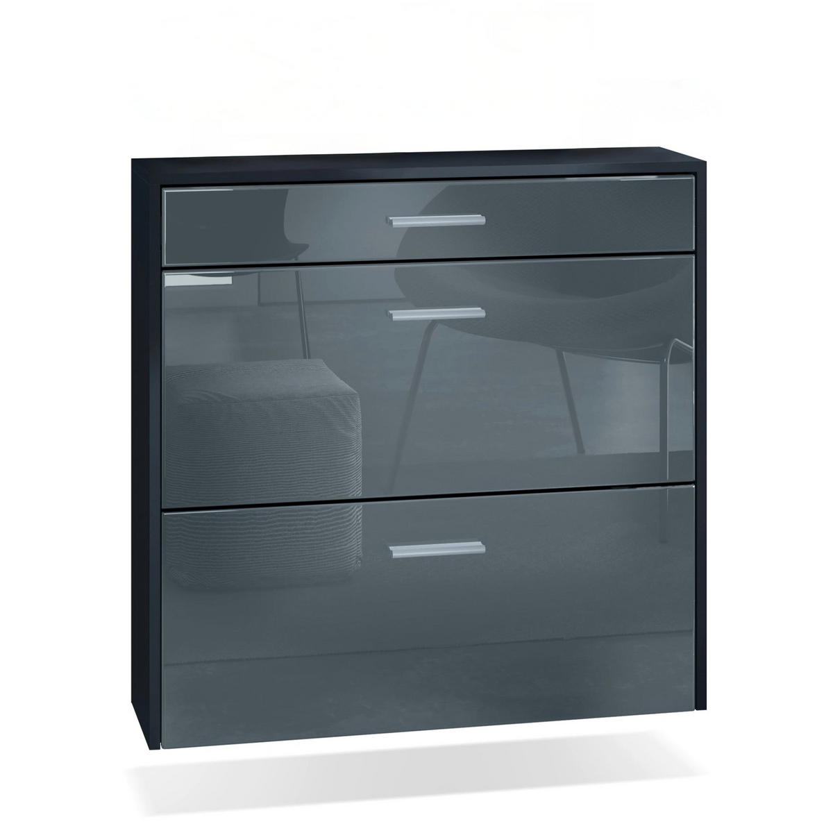 HÄNGENDER-SCHUHSCHRANK Roma Air Schmal mit 2 Klappen und 1 Schublade, Platzsparender Schuhkipper, Schwarz/Grau Hochglanz (89 x 87 x 23 cm) - Grau, Holzwerkstoff (89/87/23cm) - InnoFurn