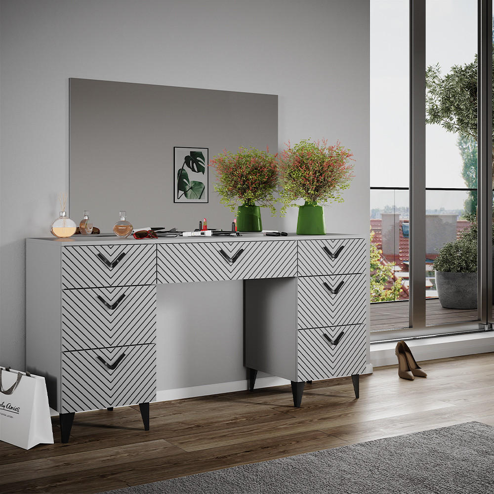 SCHMINKTISCH Anett Grau 150 cm mit 7 Schubladen - Grau, Holzwerkstoff (150/78.1/45cm) - Vicco