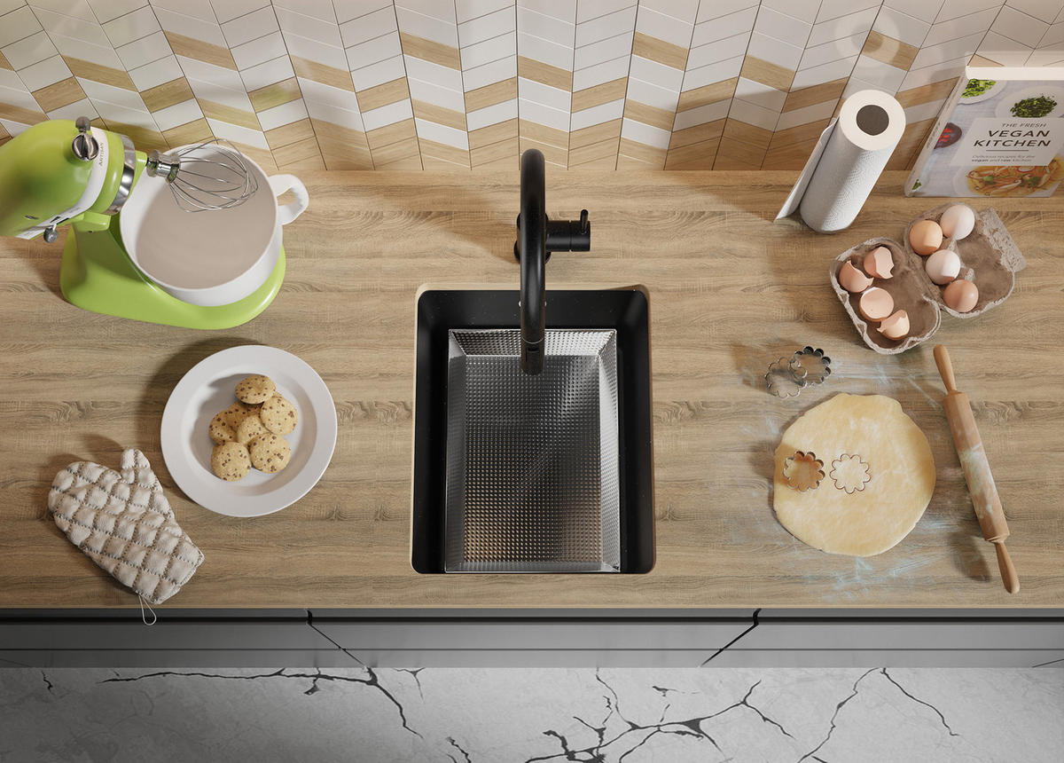 UNTERBAUSPÜLE GRANIT Venedig Easy, 2-er set Schwarz Metallic 36/44 cm 1 Becken + Ablauf-Set ab 40er Unterschrank - Chromfarben/Schwarz Hochglanz, Kunststoff (36/20/44cm) - Primagran