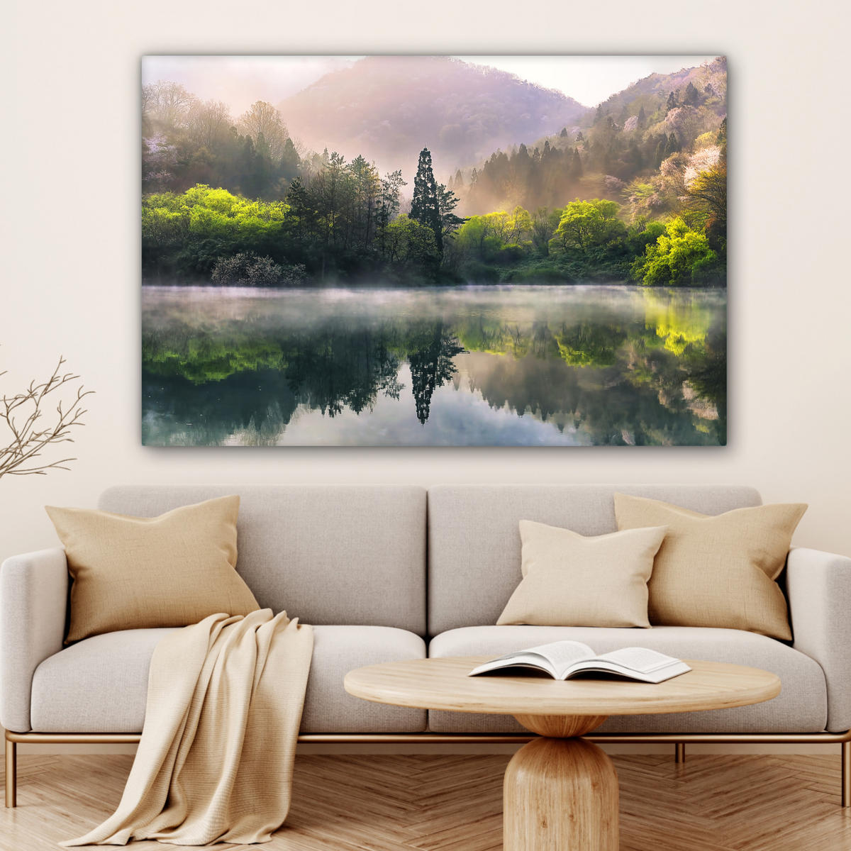 LEINWANDBILD Natur - Bäume - Berge - See - Wasser XXL 150x100 cm - Hellgrün, Textil (150/100cm) - MuchoWow