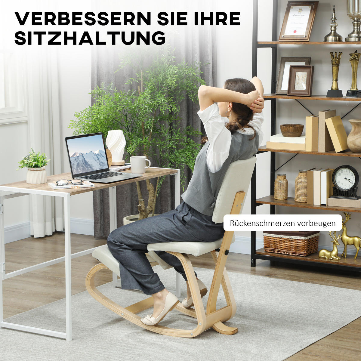 ERGONOMISCHER Kniestuhl, Kniehocker Gesundheitsstuhl für Zuhause, Büro Creme - Creme, Holz/Textil (51/93/84cm) - HOMCOM