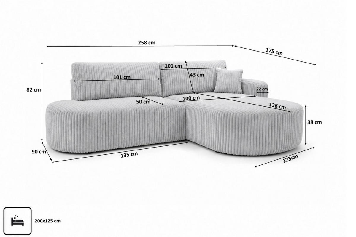 ECKSOFA Mit Schlaffunktion Und Bettkasten, Cordstoff Tilia, Grau, Rechts, ROUND ONE OPEN XL - Grau, Holz (258/175cm) - Kaiser Möbel