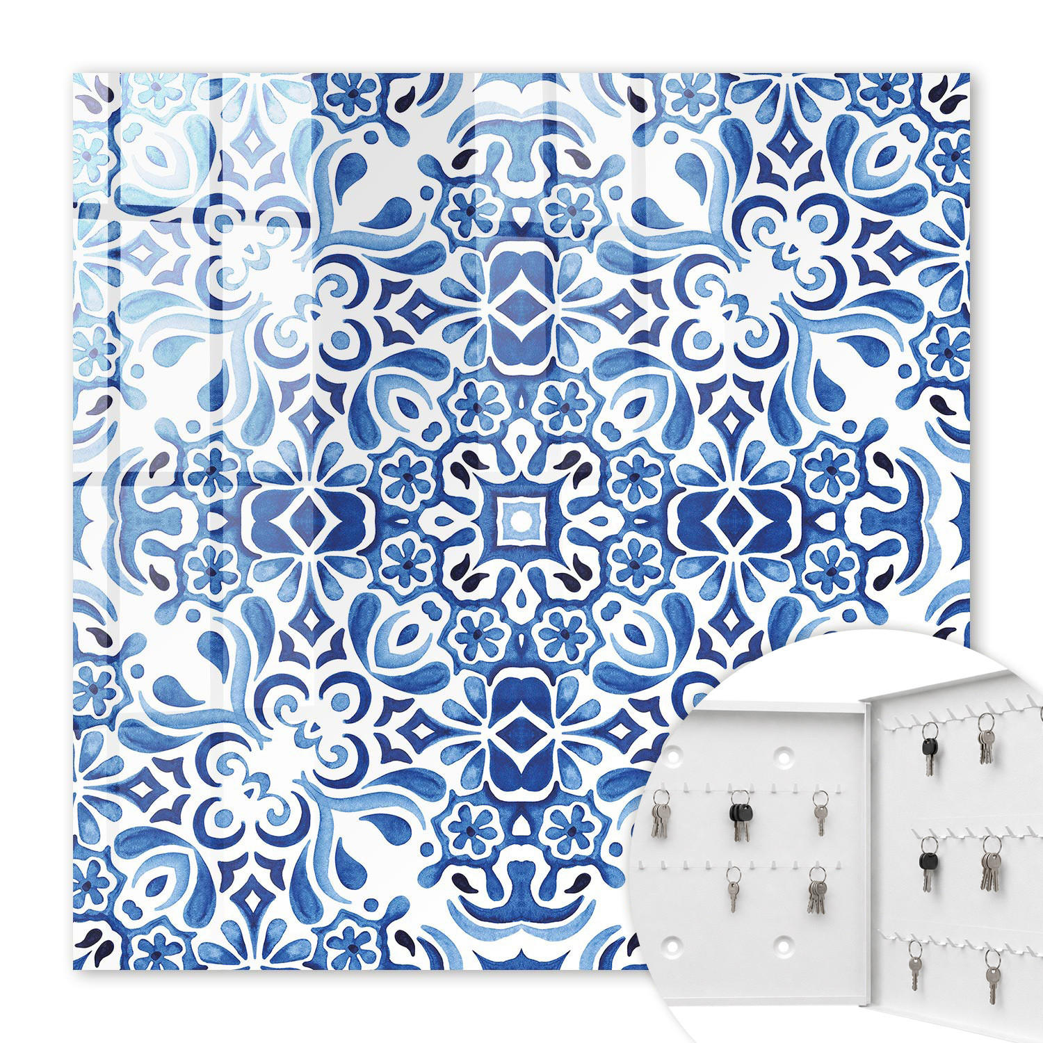 SCHLÜSSELBOX Weiß 30x30 cm – Türöffnung nach rechts - Fliesenornamente - Blau, Metall (30/30/5cm) - TULUP