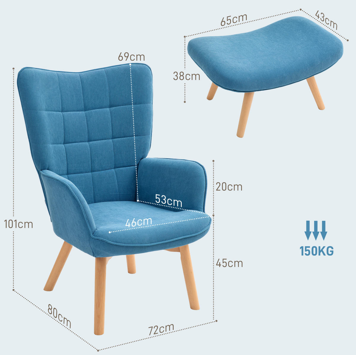 SESSEL-SET 72/80/101 cm in Blau mit Hocker und Cord-Optik - Blau, Textil (72/101/80cm) - BEAOK