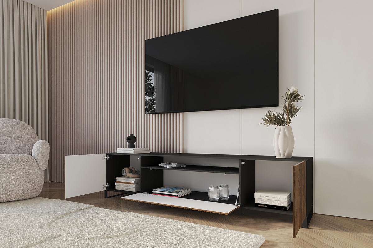 LOWBOARD NOA-2-S 200x53x41 cm - Schwarz / Katania - Eiche Wotan/Schwarz, Holzwerkstoff (200/53/41cm) - ALTDECOR