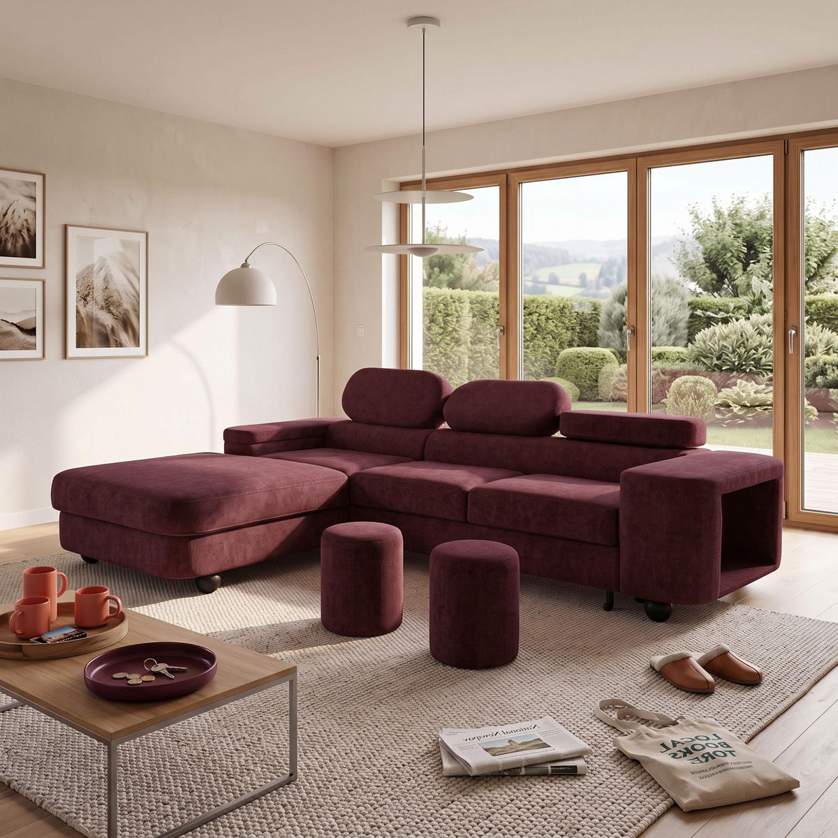 ECKSOFA LOVE L Links mit Schlaffunktion 124x210 Chenille Bordeaux - Bordeaux/Schwarz, Holz/Textil (284/205cm) - Muffo