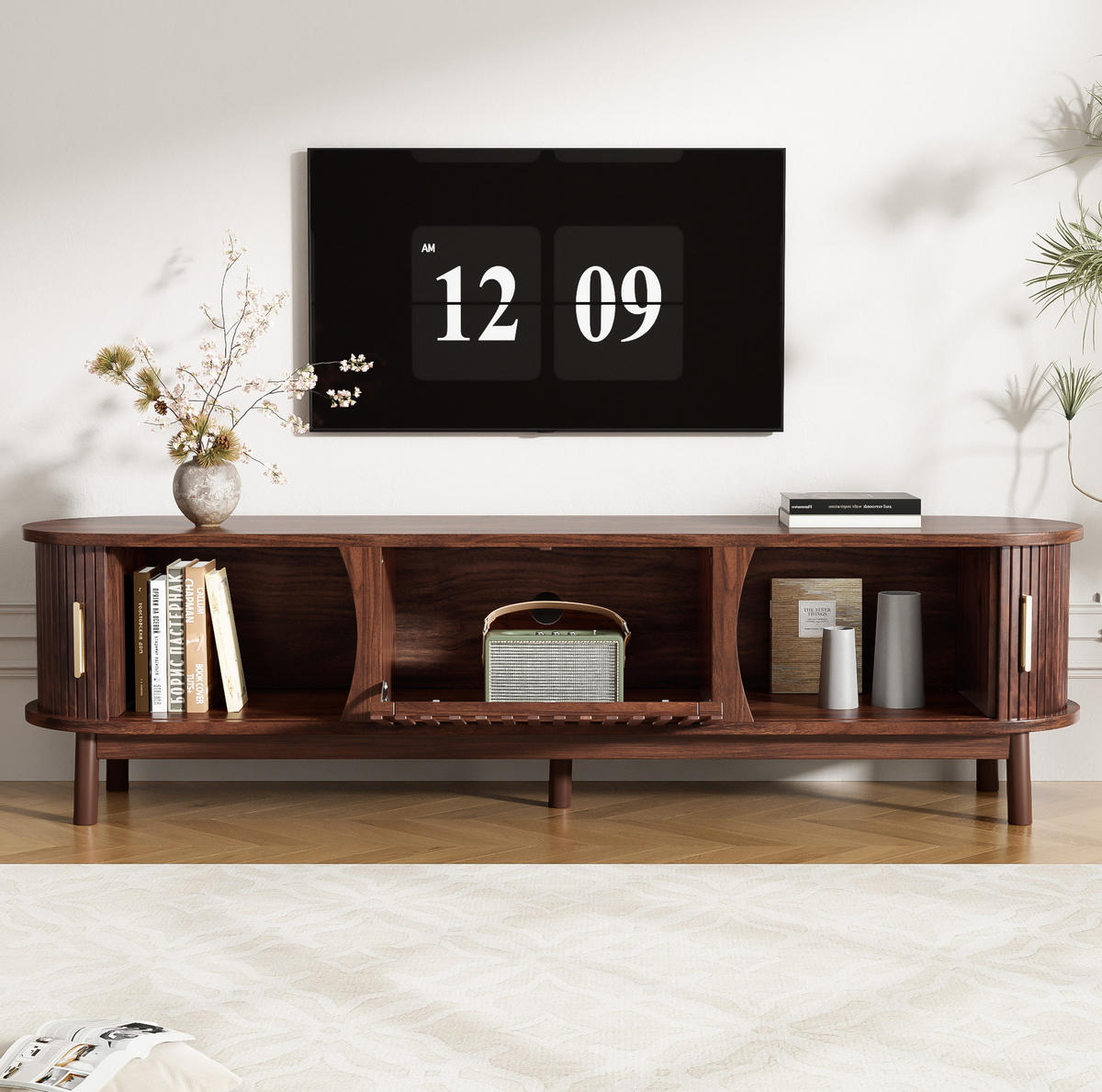 TV komoda, 165/39,5/46 cm, MDF hnedá, s posuvnými a výklopnými dvierkami - hnedá, kompozitné drevo (165/46/39.5cm) - BEAOK