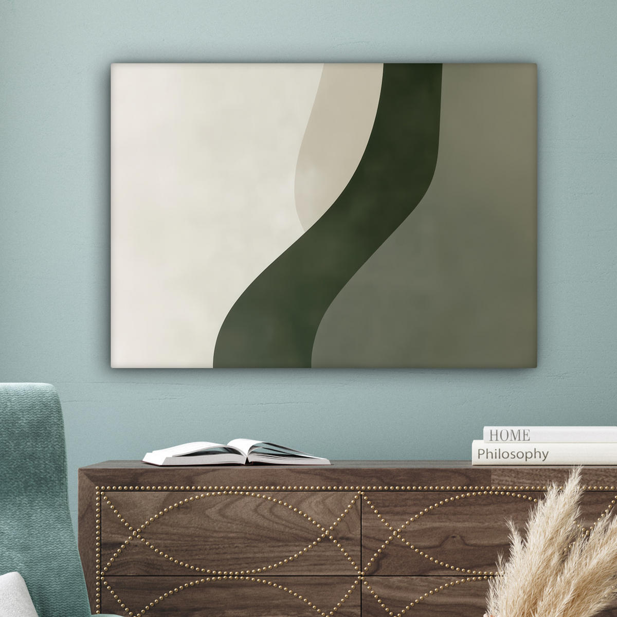 LEINWANDBILD Japandi - Grün - Abstrakt - Modern Wandbilder 80x60 cm - Salbeigrün, Textil (80/60cm) - MuchoWow