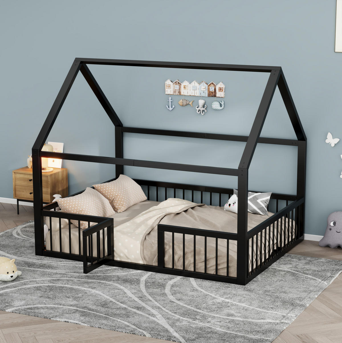 HAUSBETT aus Metall 140x200 cm Schwarz mit Dachdesign, Sicherheitsgeländer und Tür - Schwarz, Metall (140/200cm) - Modfu