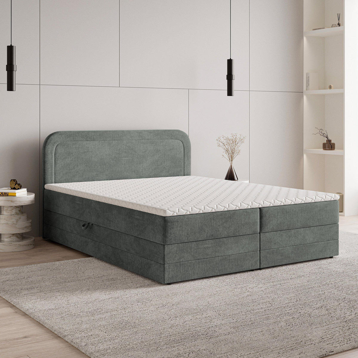 BOXBETT ARMEL 180x200 cm mit Matratze und Topper - Grau - Grau, Holz (180/200cm) - MASSENO