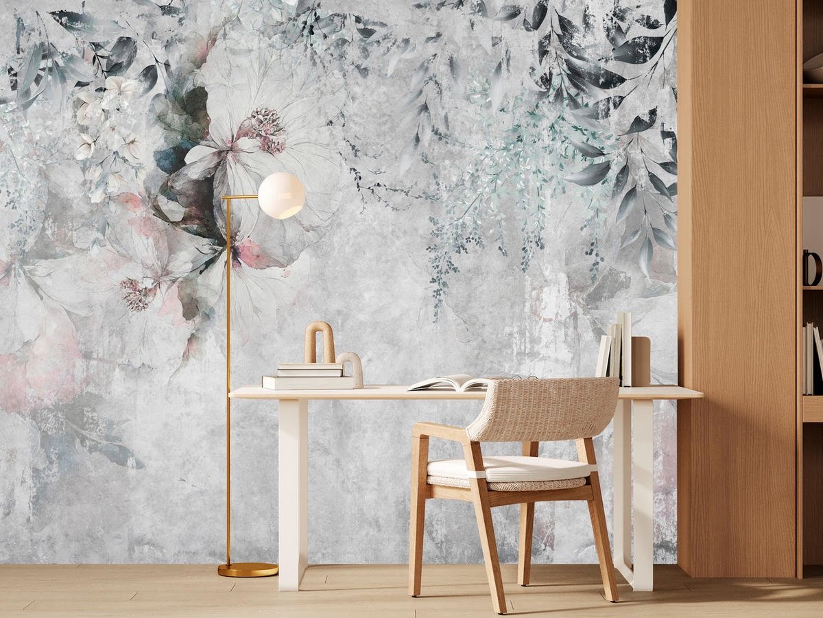 FOTOTAPETE für Büro Zarte Blätter Grau Betonwand Blumen Natur 450x315 - Grau, Papier (450/315cm) - Muralo