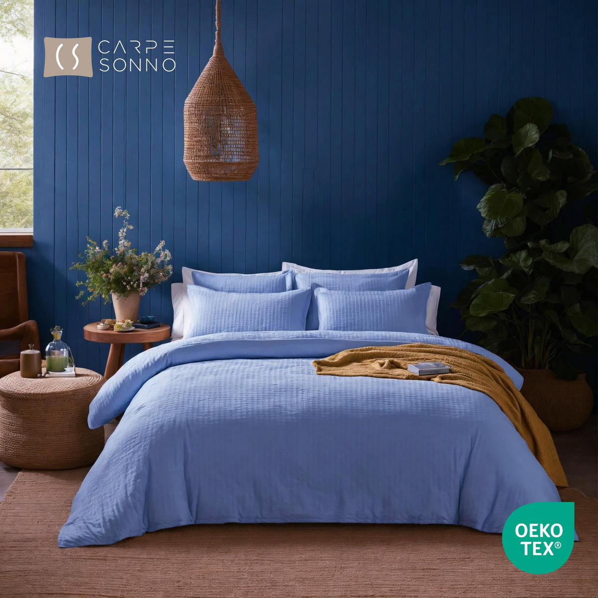 SEERSUCKER-BETTWÄSCHE 155x220 Uni Sommer Bettbezug Bügelfrei aus 100% Baumwolle, Bettbezüge einfarbig Hellblau - Hellblau, Textil (155/220cm) - Carpe Sonno