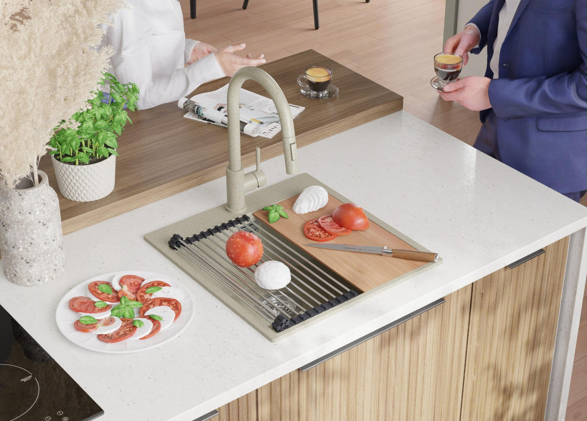 GRANITSPÜLE Oslo, 2-er set Beige 48/50 cm 1 Becken + Küchenarmatur 32/20 cm + Ablauf-Set + Schneidebrett ab 50er Unterschrank - Beige, Kunststoff (48/20/50cm) - Primagran