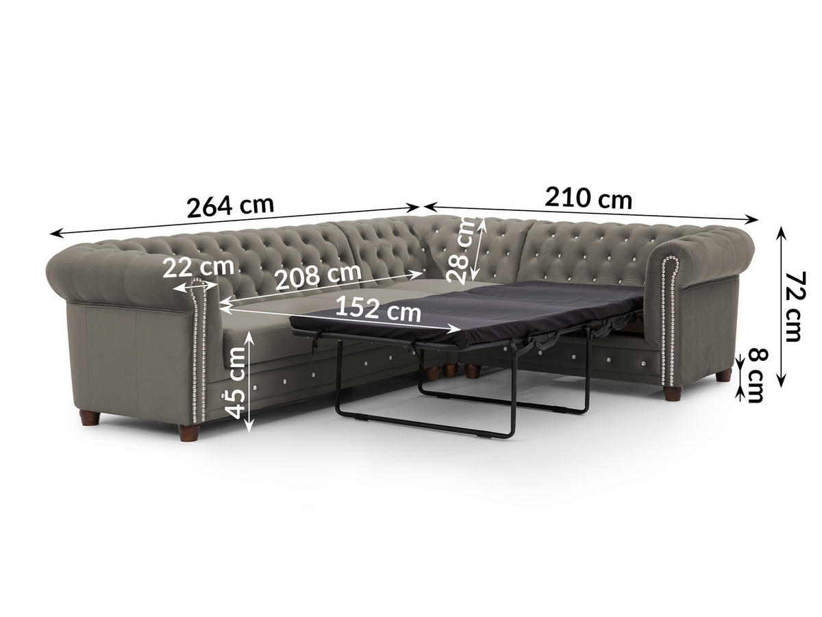 ECKSOFA mit Schlaffunktion Chesterfield Grau Samt mit Kristallsteppung und braunen Massivholzfüßen - Ottomane Rechts - Braun/Grau, Holz/Textil (264/210cm) - S-Style Möbel