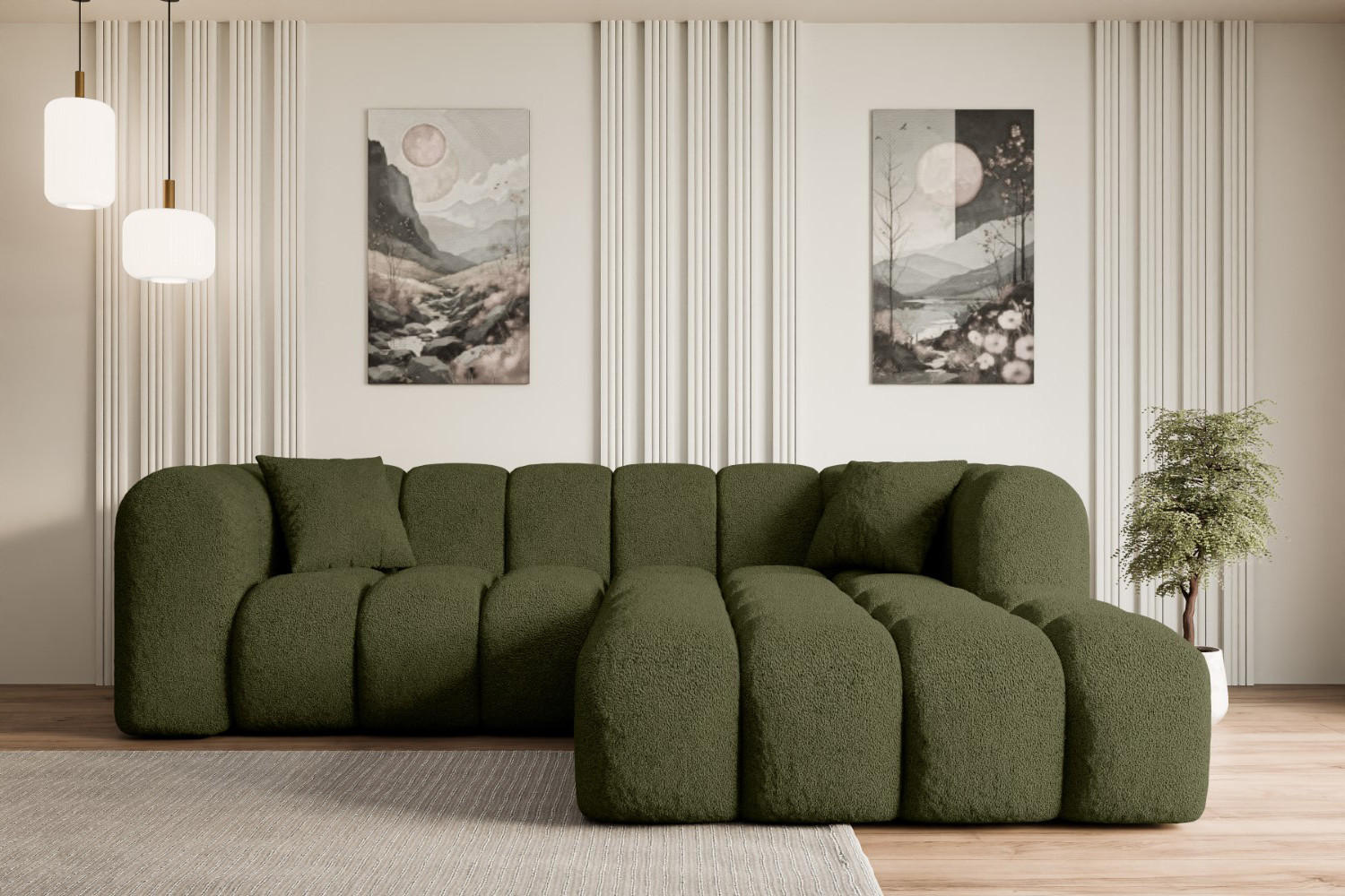 ECKSOFA Ottomane Rechts OLEA-L1 - 231x173x74 cm Grün Bouclé - Schwarz/Grün, Holzwerkstoff/Kunststoff (231/173cm) - ALTDECOR