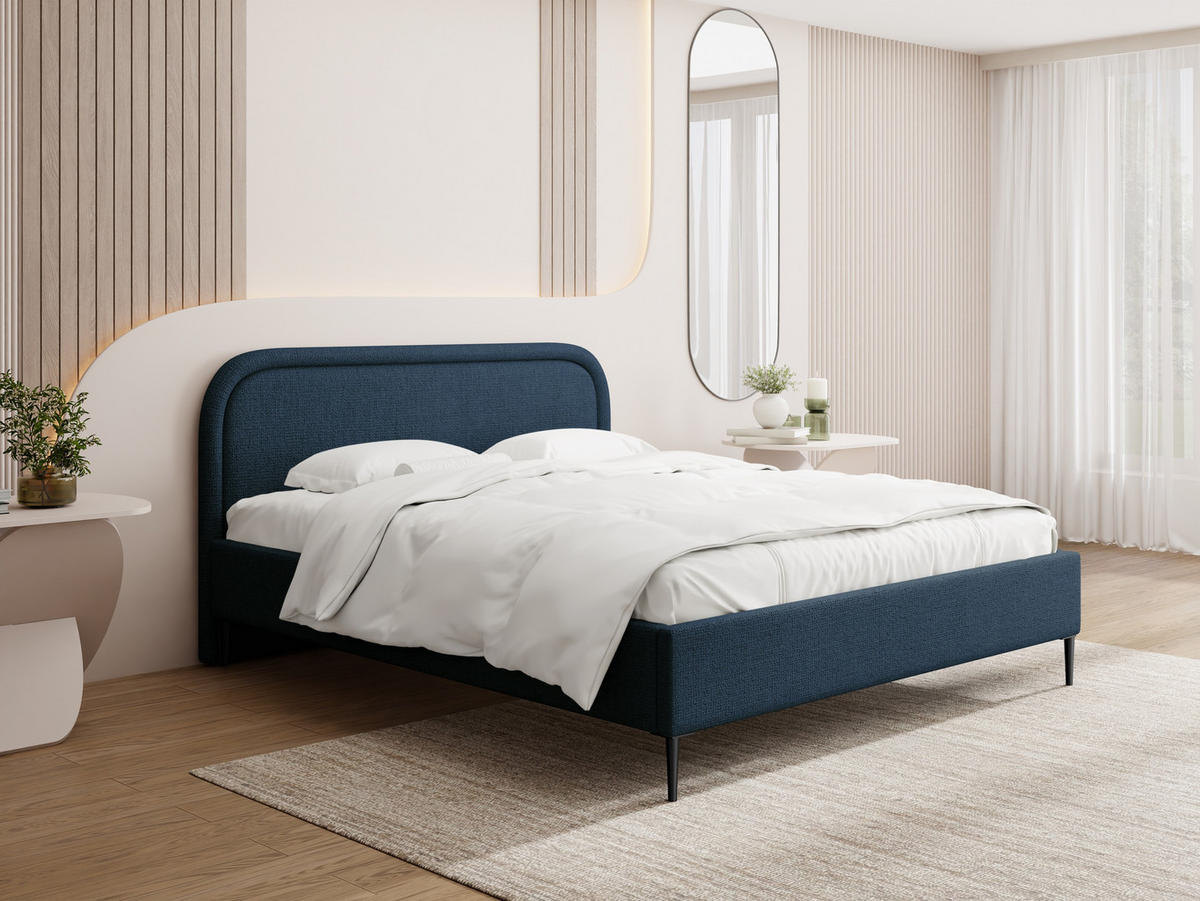 POLSTERBETT Jasmine Slim mit Bettkasten, Lattenrost & hohen Metallfüßen in Dunkelblau Chenille 140x200 cm - Birkefarben/Schwarz, Holz/Textil (140/200cm) - WFL GROUP