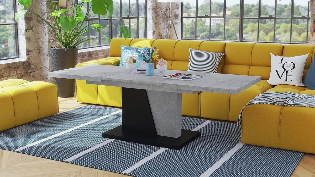 COUCHTISCH rechteckig Beton - Schwarz ausziehbar höhenverstellbar - Hellgrau/Schwarz, Holzwerkstoff (70/120/60cm) - designimpex