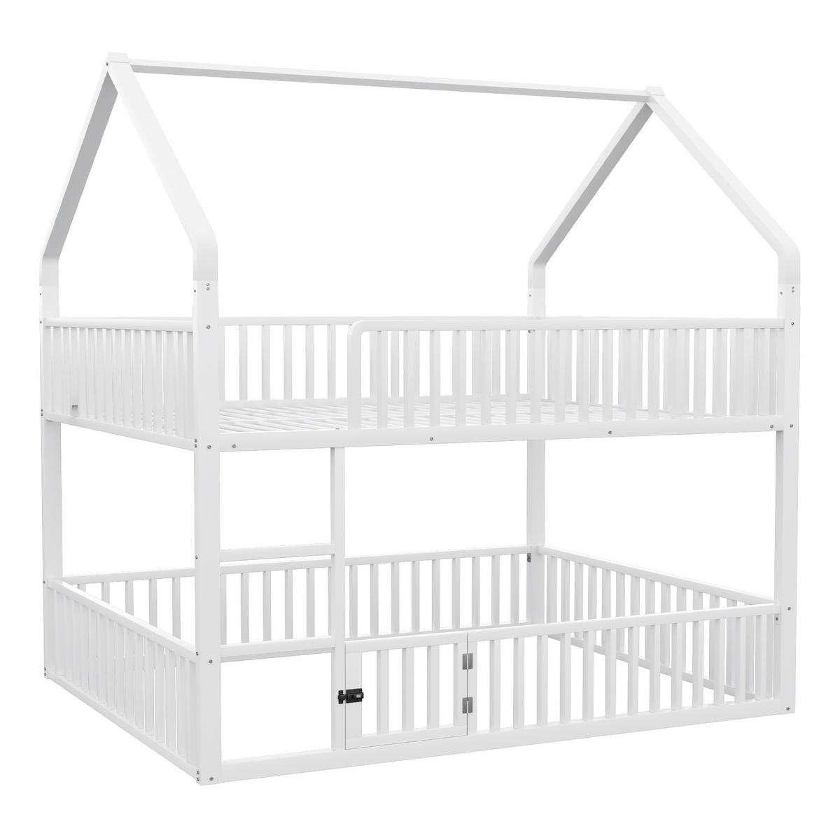 ETAGENBETT 140/200 cm Weiß aus Metall mit Haus-Design und Sicherheitsgeländern - Weiß, Metall (140/200cm) - OKWISH