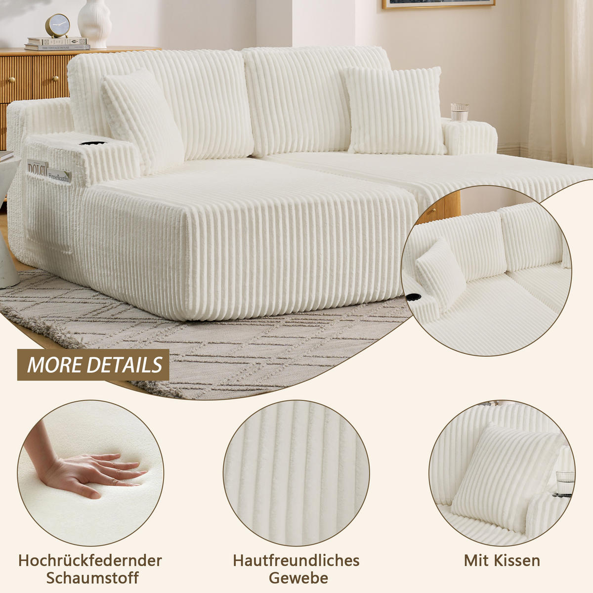 SCHLAFSOFA 186/154/78 cm Beige Cord mit seitlicher Magazintasche und Getränkehalter - Beige, Textil (186/78/154cm) - Oxeza