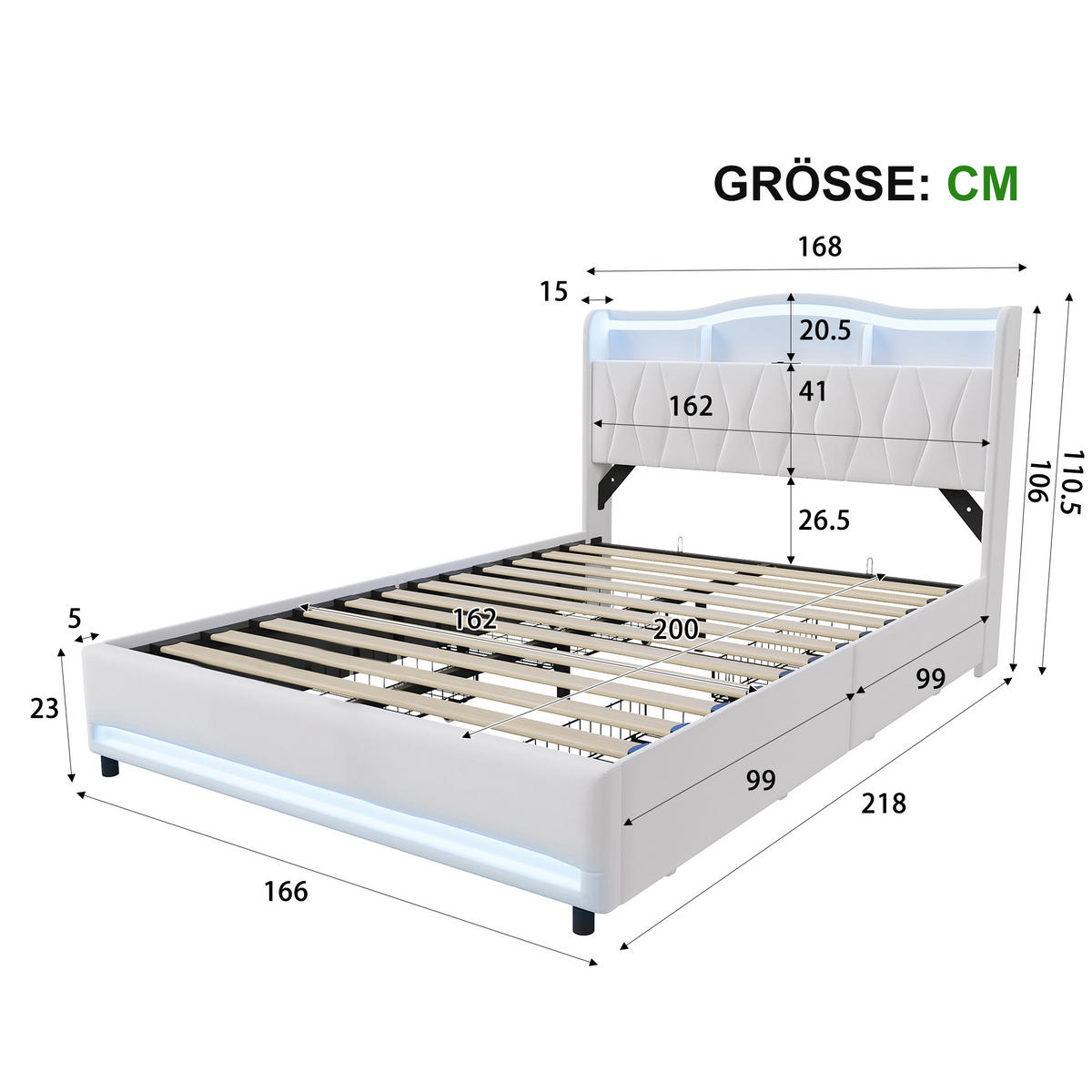 POLSTERBETT 160x200 mit stauraum, doppelbett mit LED, 4 Schubladen, Lattenrost, USB, Kopfteil, Samtstoff, Beige - Beige, Holz/Textil (160/200cm) - GENKI LIVING