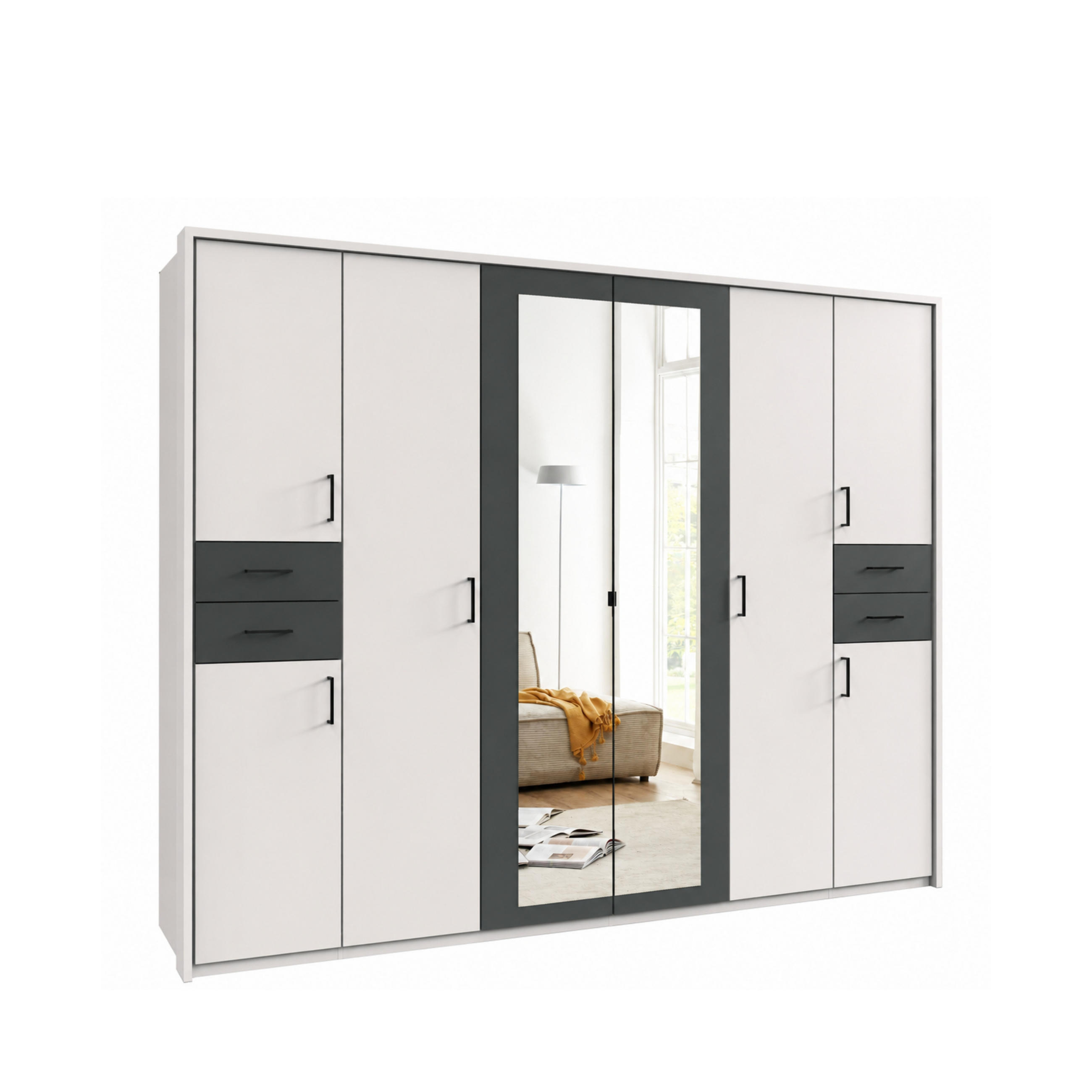 luma-home SKŘÍŇ S OTOČNÝMI DVEŘMI Š273/V210/H58 cm, bílá s grafitovými akcenty, s paspartou, 2 zrcadlovými dveřmi a zásuvkami, černé úchytky / 22578