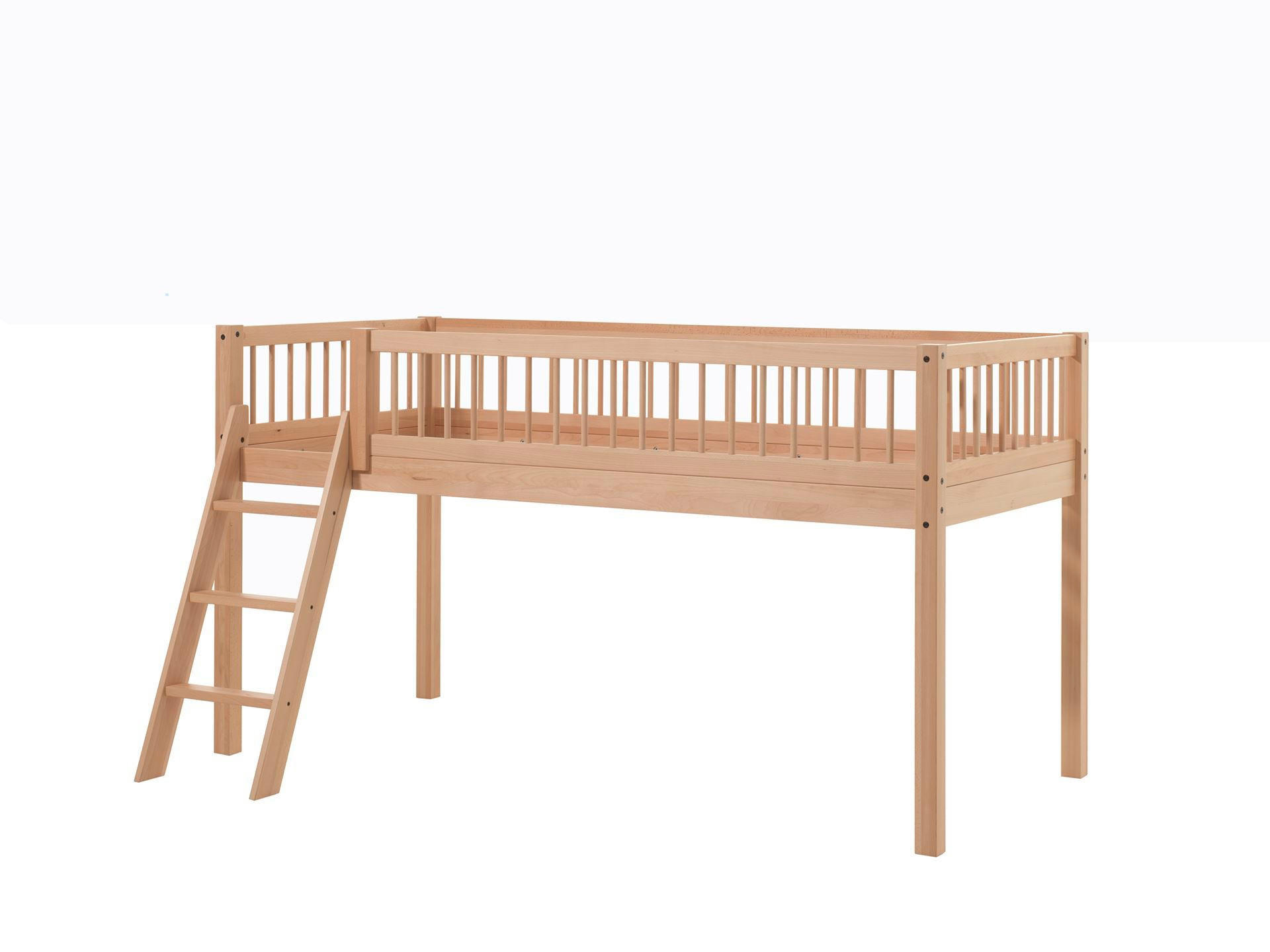 HALBHOHES BETT Kelci 90x200 mit Leiter Buche Massivholz natur - Buchefarben, Holz (90/200cm) - 58aufmkessel