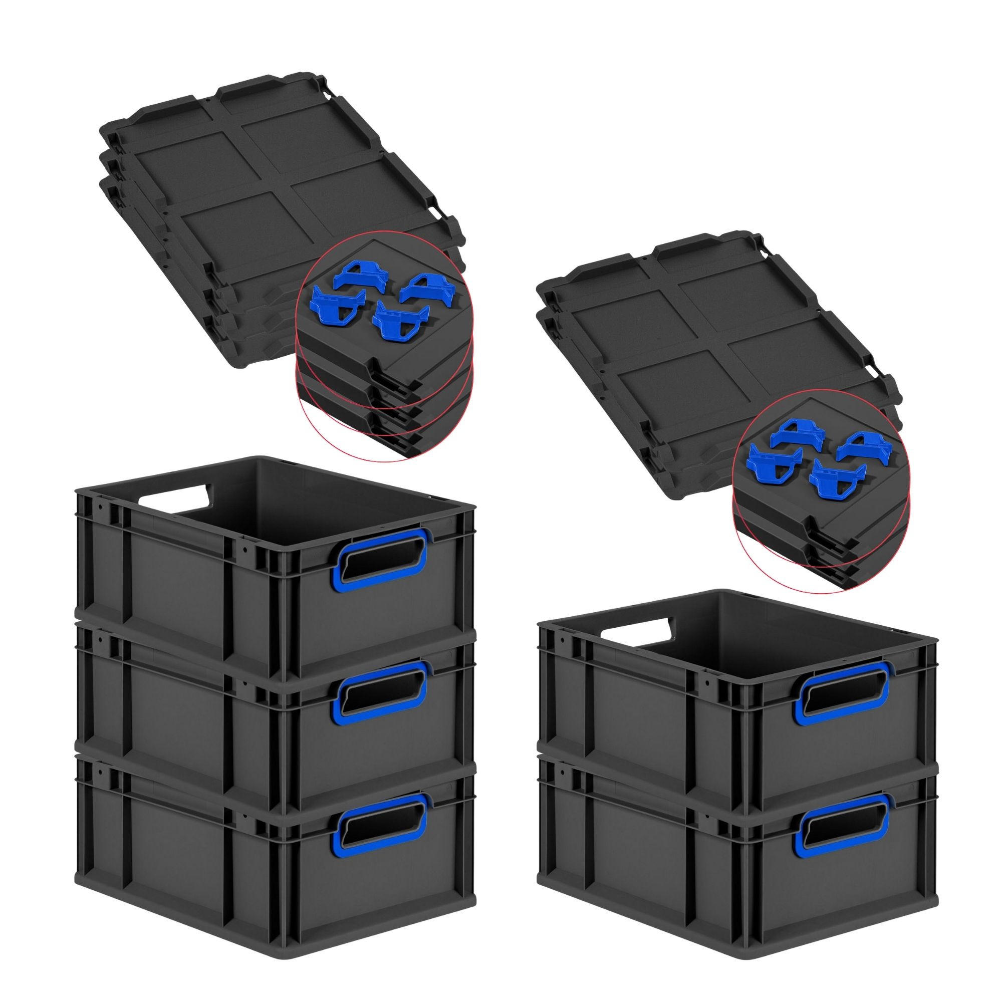EUROBOX 5x NextGen Color mit Auflagedeckel 17x30x40 cm 16 Liter Schwarz Griffe blau offen - Blau/Schwarz, Kunststoff (30/17/40cm) - PROREGAL