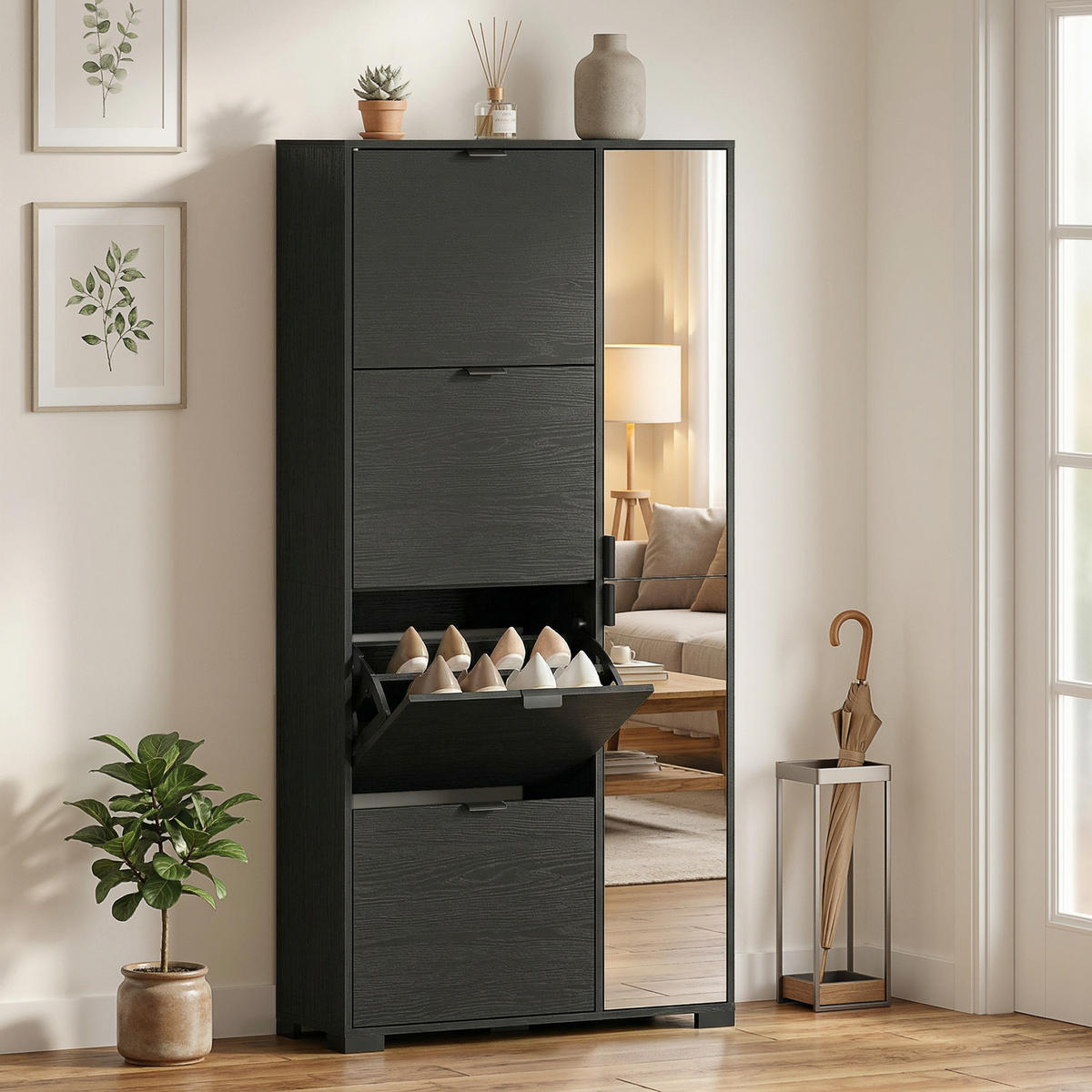 SCHUHREGAL,4 Klappschubladen mit Spiegel für 16 Paar,schwarz - Schwarz, Holzwerkstoff (82/168/30cm) - Vallsero