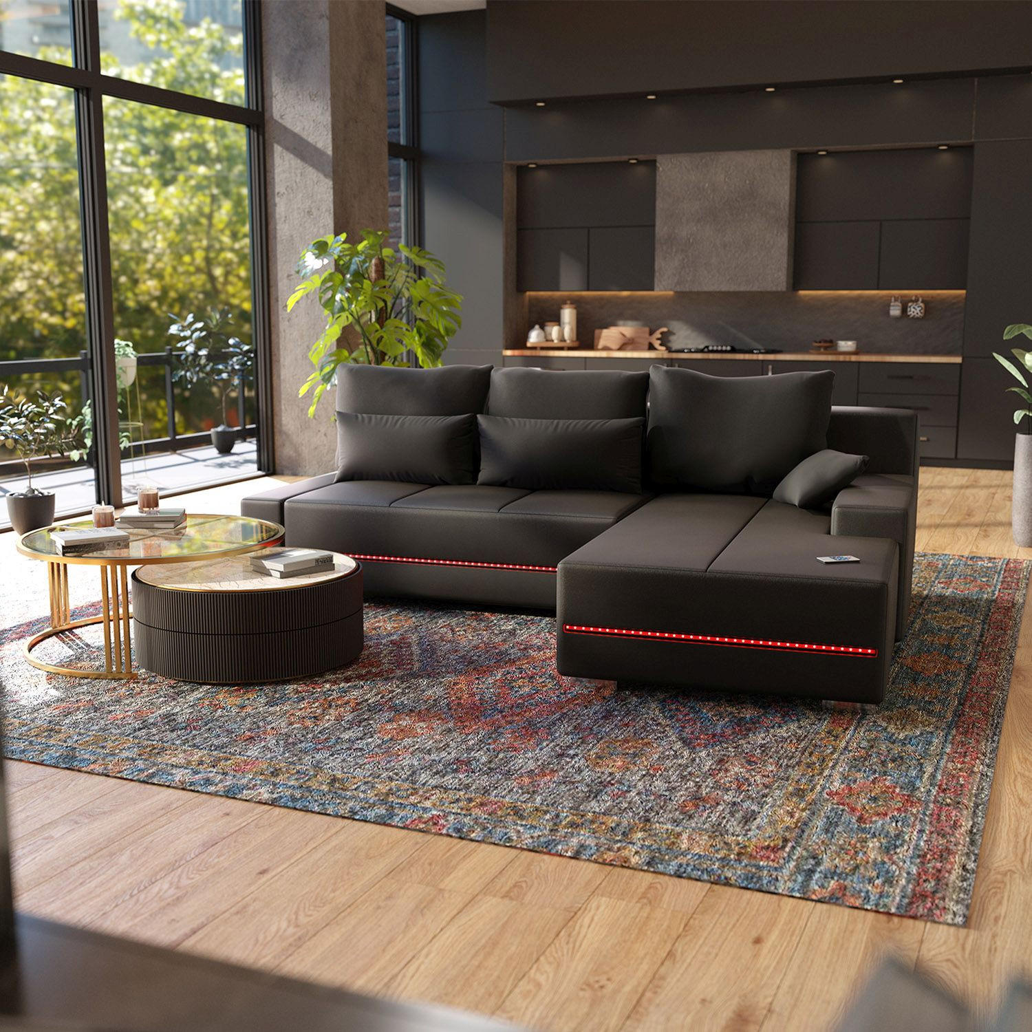 SOFA Davos mit Ottomane rechts dunkelgrau inkl LED - Dunkelgrau, Textil (260/180cm) - Juskys