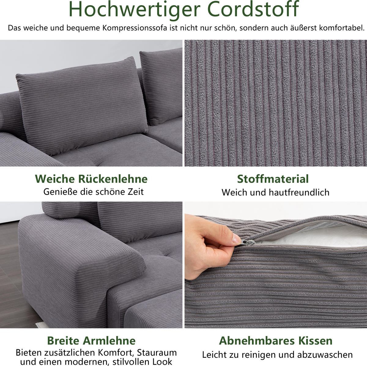ECKSOFA 305/154/69 cm Dunkelgrau Cord mit 1 Fußhocker - Dunkelgrau, Textil (305/154cm) - Oxeza