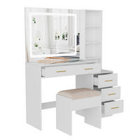 SCHMINKTISCH - Frisiertisch mit LED-Lichtspiegel und Ladestation - Glasplatte und Hocker - Weiß - Weiß, Holzwerkstoff (36/140/110cm) - DELFA