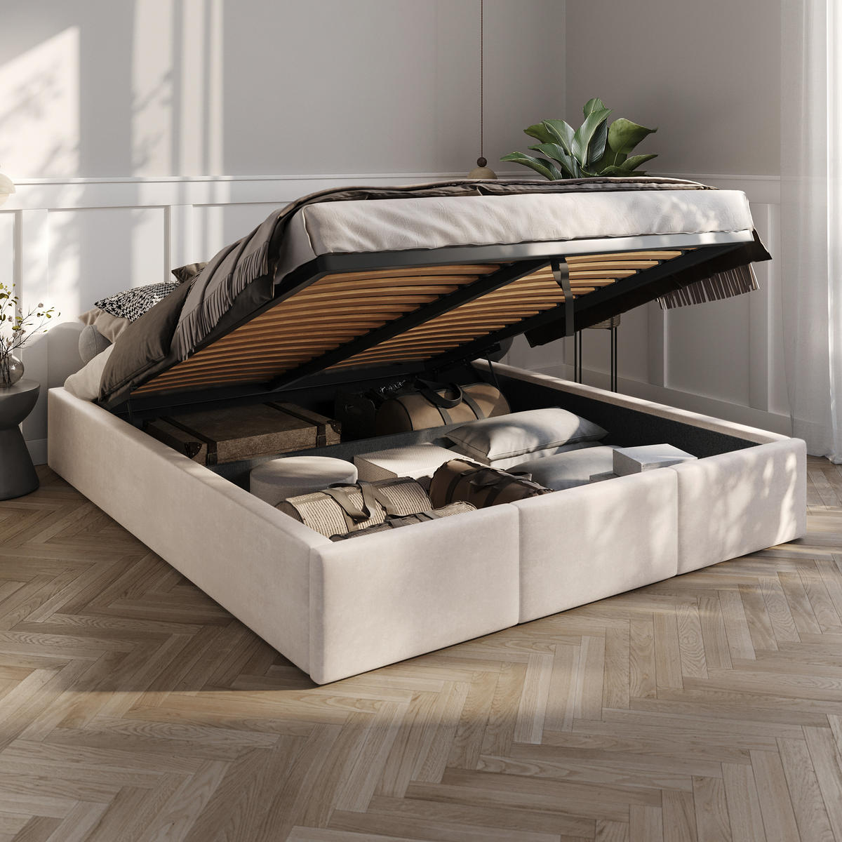 POLSTERBETT für Schlafzimmer Bett mit Stauraum Creme 160x200cm - Creme, Holzwerkstoff/Textil - Muralo