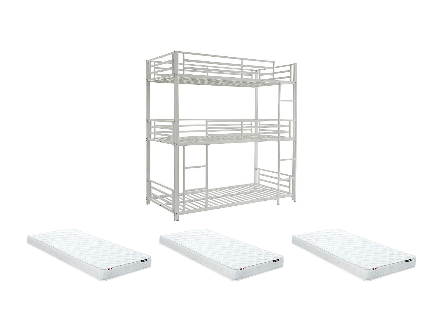 ETAGENBETT - 3 Personen - 3 x 90 x 190 cm - Metall - Weiß + Matratze - ELOUAN III - Weiß, Metall - Vente-Unique