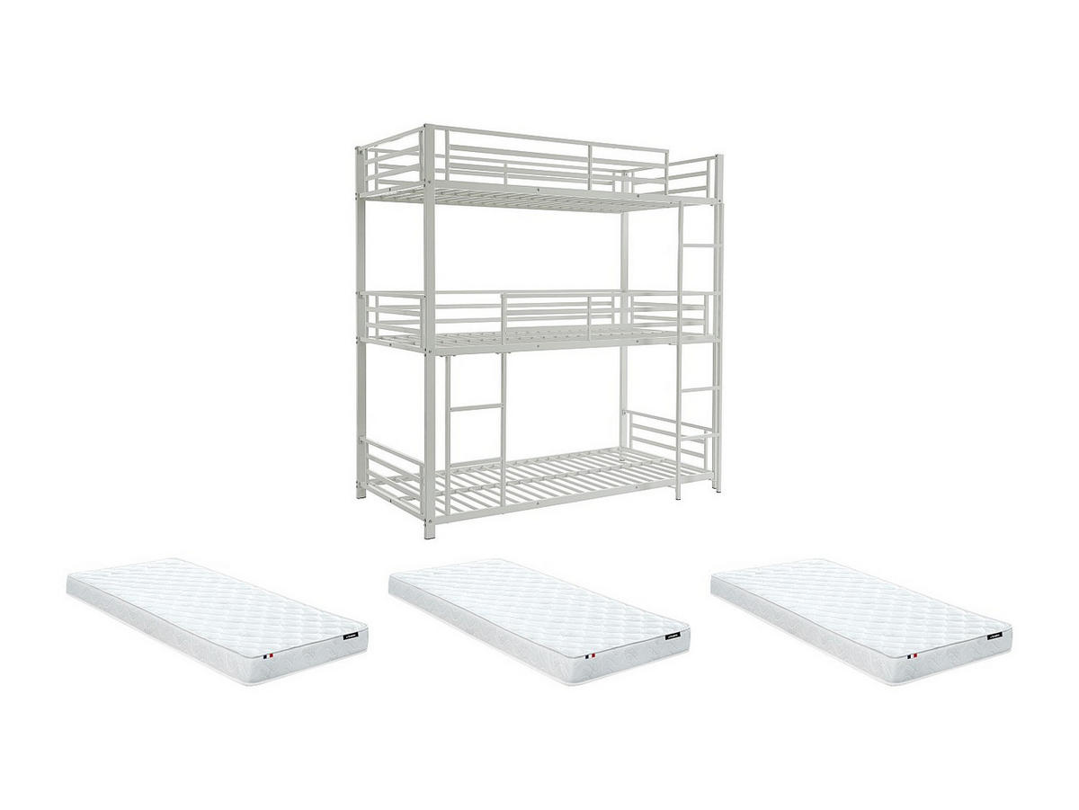 ETAGENBETT - 3 Personen - 3 x 90 x 190 cm - Metall - Weiß + Matratze - ELOUAN III - Weiß, Metall - Vente-Unique