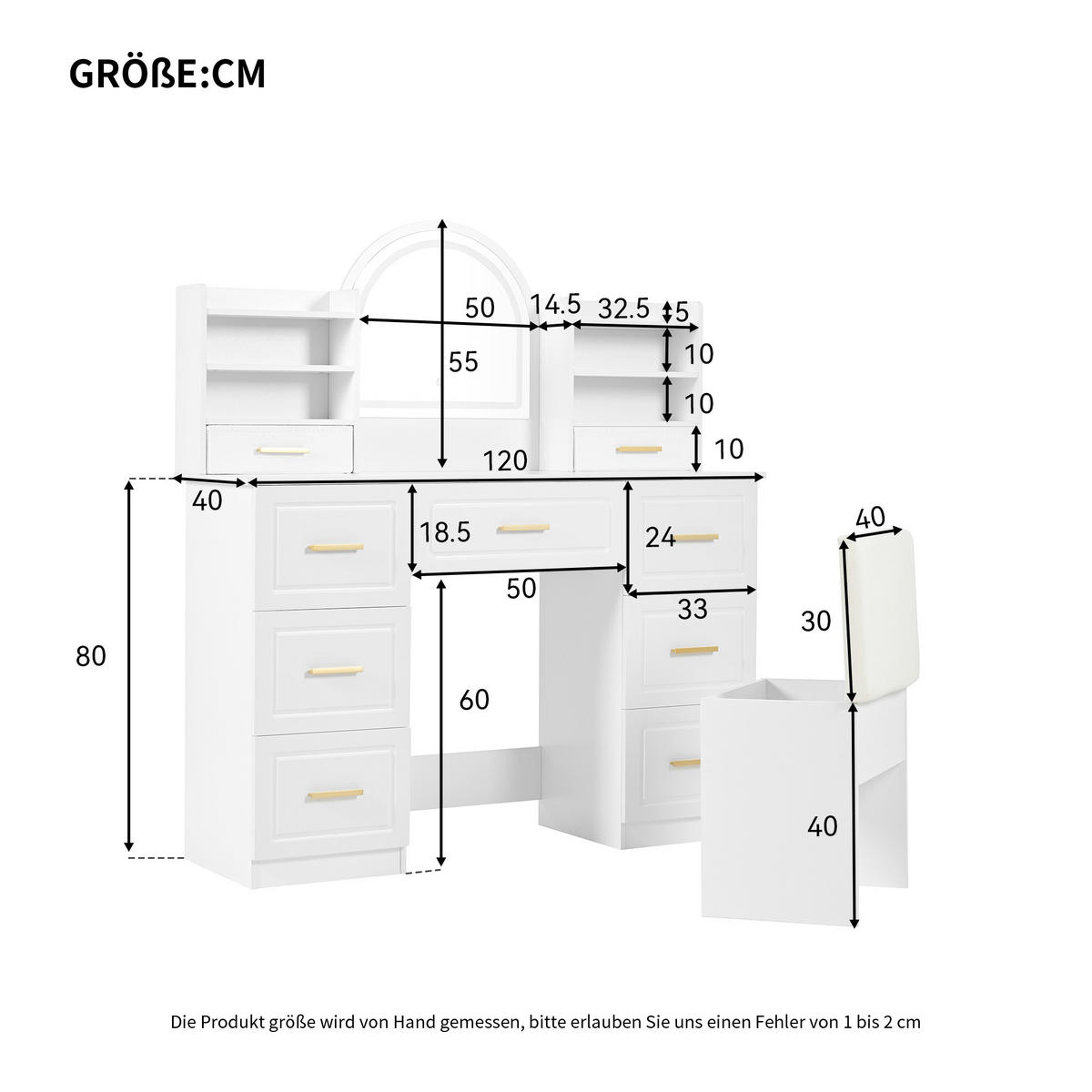 SCHMINKTISCH Weiß mit LED-Spiegel, 9 Schubladen, moderner Frisiertisch für Schlafzimmer/Wohnzimmer, 120x40x135 cm - Weiß, Holz (40/135/120cm) - Ej. Life