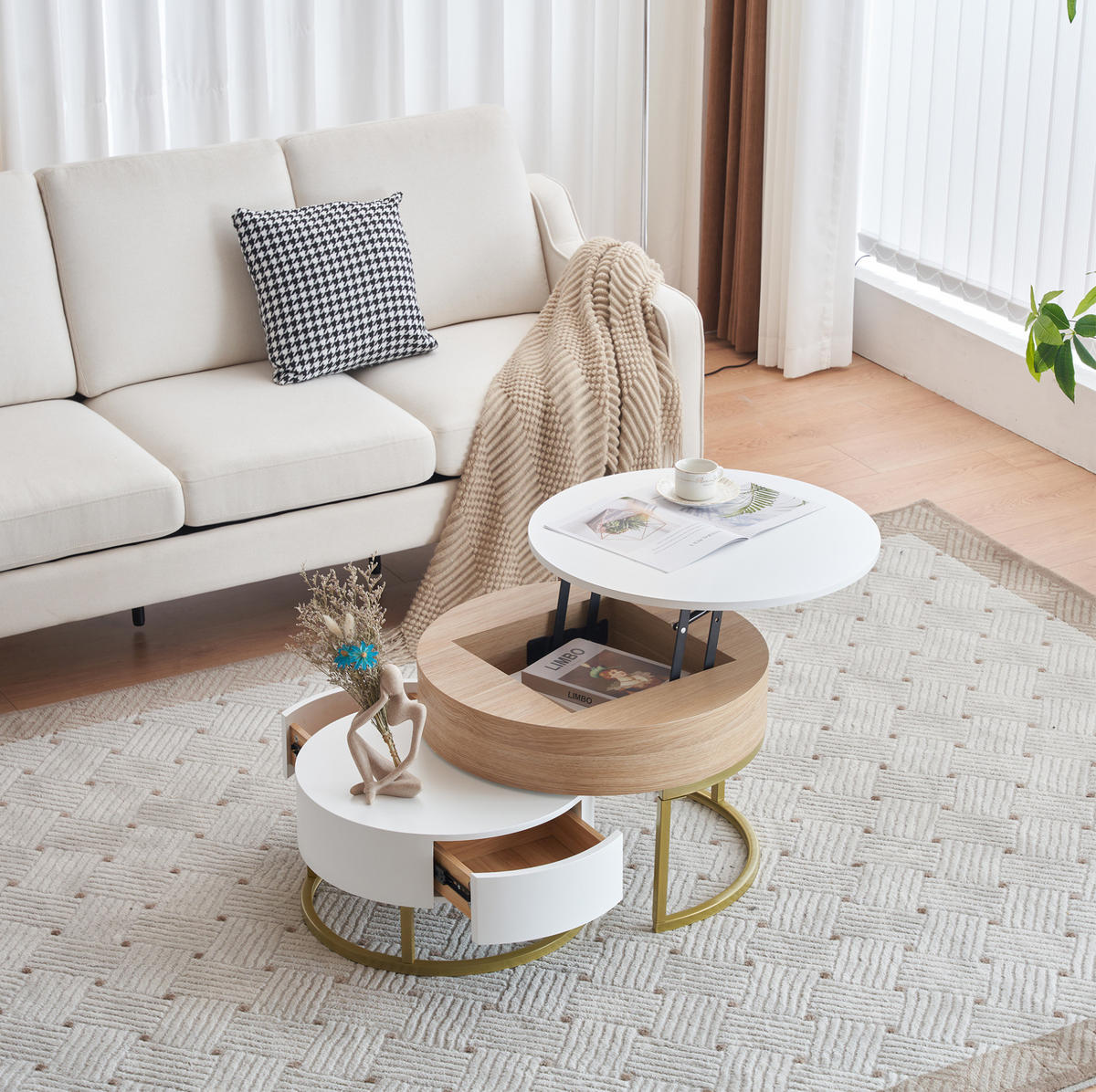 KONFERENČNÍ stolek 70/70/56 cm bílý a zlatý z MDF s výklopnou deskou a zásuvkou - bílá, kompozitní dřevo (70/70/56.5cm) - OKWISH