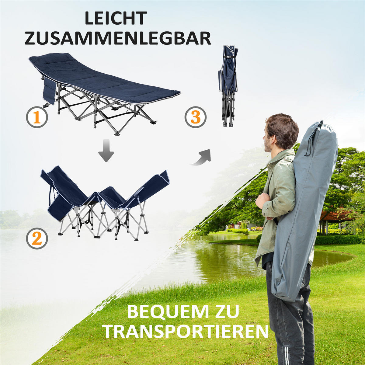 LIEGESTUHL Campingbett klappbar 150 kg Dunkelblau 188/64,5/53 cm - Dunkelblau, Metall (64.5/188cm) - Kaket