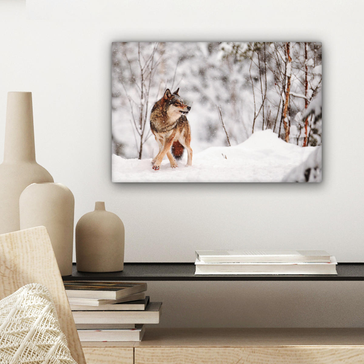 LEINWANDBILD Wolf - Winter - Schnee - Natur - Tiere Deko Schlafzimmer 30x20 cm - Haselnussfarben, Textil (30/20cm) - MuchoWow